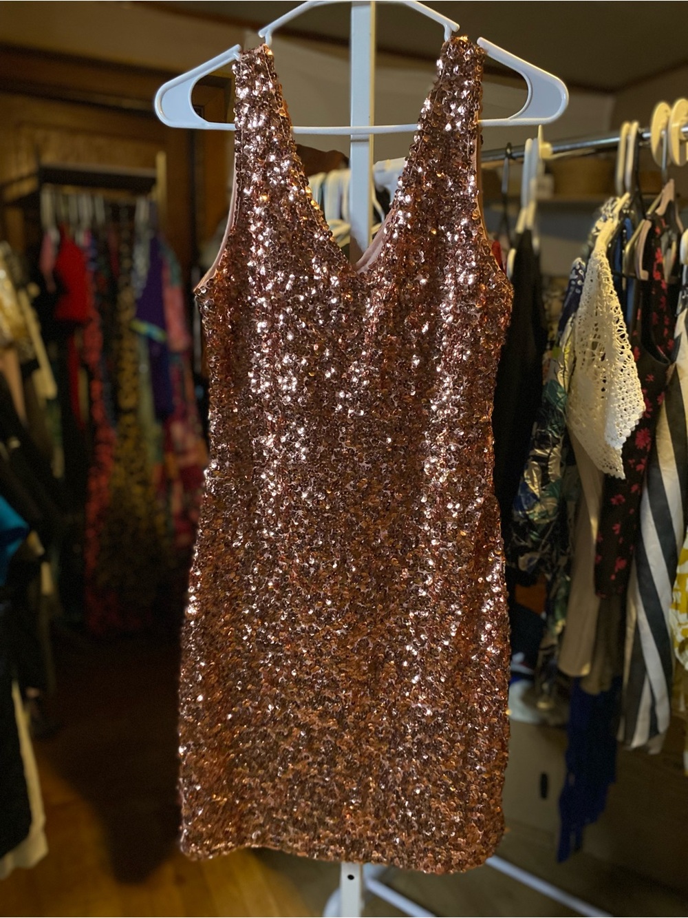 Rose Gold Sequin V-Neck Bodycon Dress